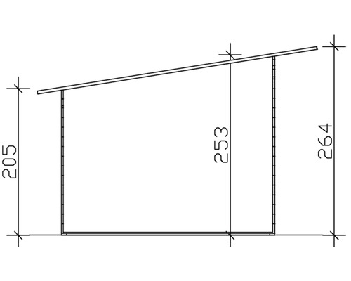 Technický nákres zahradního domku s rozměry.