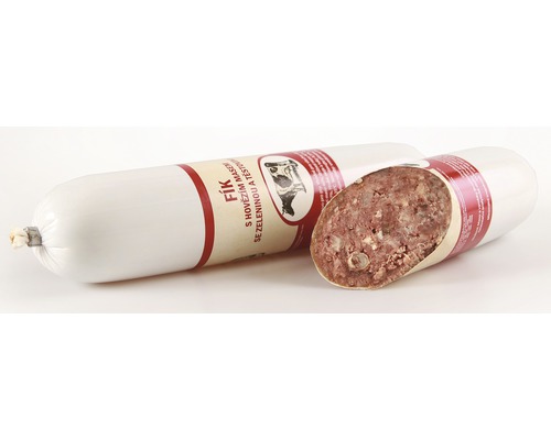 Obrázek nevařené klobásy v obalu a nakrájené na plátky