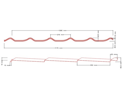 Technický výkres trapézového plechu s rozměry
