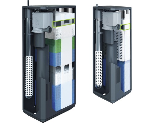 Dva vnitřní filtry Juwel s různými filtračními médii pro čištění akvárií.