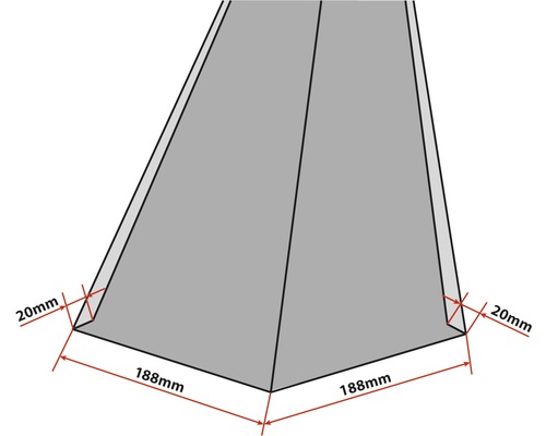 Trojuhelníkový objekt s rozměry 188 mm a 20 mm