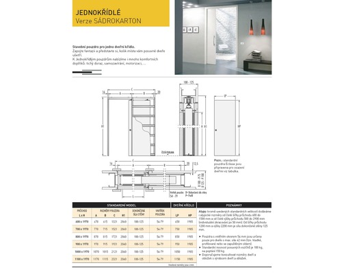 Technický nákres jednokřídlého posuvného systému sádrokartonových dveří s rozměry.