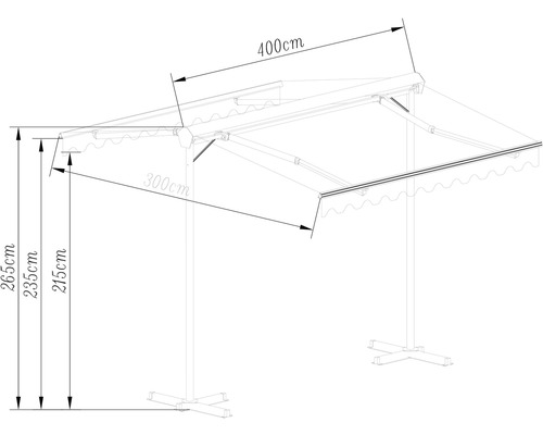 Technický nákres markýzy o rozměrech 400 x 300 centimetrů a výšce 215 až 265 centimetrů.