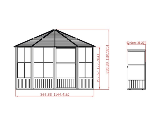 Rozměry altánu zobrazené jako technický výkres.