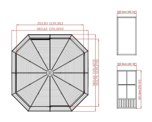 Technický nákres altánu s rozměry