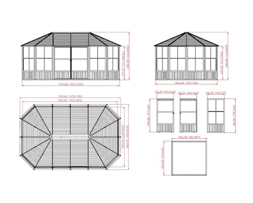 Technický nákres altánu s rozměry