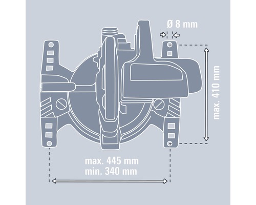 Obrázek rozměrů čerpadla s maximální šířkou 445 milimetrů, minimální šířkou 340 milimetrů, maximální výškou 410 milimetrů a průměrem 8 milimetrů