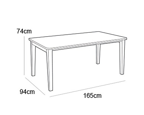 Nákres jídelního stolu o rozměrech 165 x 94 x 74 cm