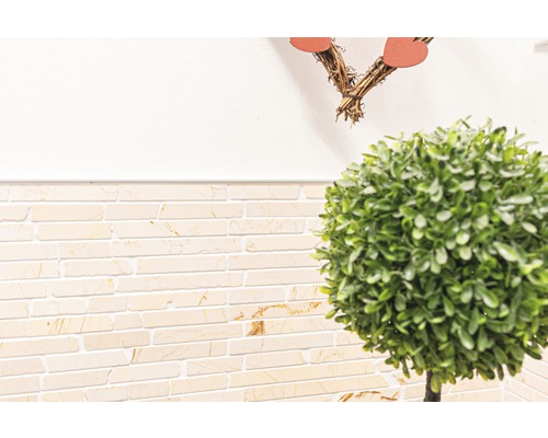 Obkladové dlaždice se vzhledem kamene a umělý buxus ve tvaru koule jako dekorace