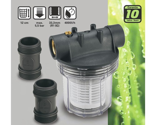 Filtr domácí vodárny o velikosti 12 cm, maximálně 5,5 bar, 33,3 mm (R1 IG) a 4000 l/h s 10letou zárukou.