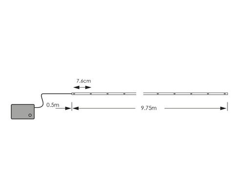Obrázek LED světelného řetězu s rozměry 9,75 metru délky a rozestupem 7,6 centimetru mezi LED