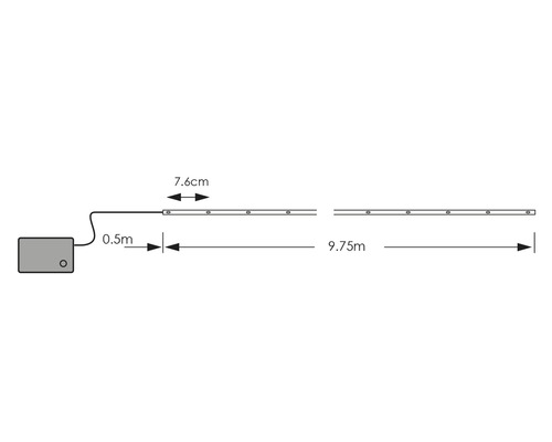 Nákres světelného řetězu o rozměrech 0,5 metru, 7,6 centimetru a 9,75 metru