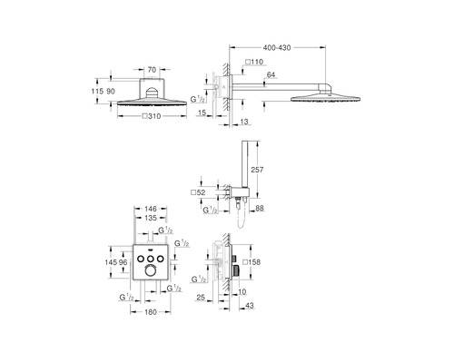 Technický výkres sprchové armatury s rozměry.