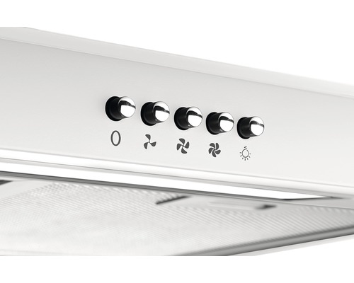 Ovládací prvky odsavače par s knoflíky pro ovládání ventilátoru a osvětlení.