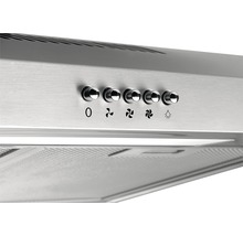 Detailní záběr digestoře s ovládacími prvky pro regulaci rychlosti ventilátoru a osvětlení.