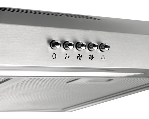 Detailní záběr digestoře s ovládacími prvky pro regulaci rychlosti ventilátoru a osvětlení.