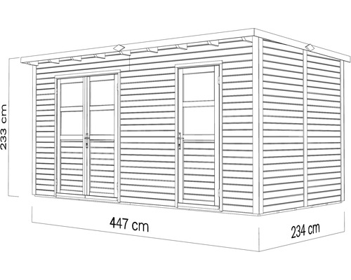Zahradní domek s dvoukřídlými dveřmi a jednokřídlými dveřmi, rozměry 447 cm x 234 cm x 233 cm