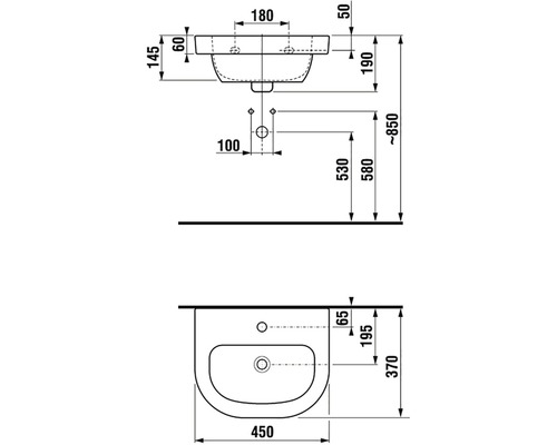 Technický výkres umyvadla s rozměry
