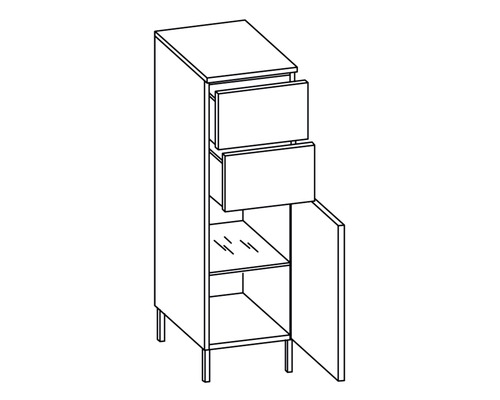 Ilustrace spodní kuchyňské skříňky se dvěma zásuvkami, otevřenou přihrádkou a dvířky