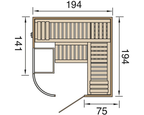 Půdorys sauny o rozměrech 194 x 194 x 141 cm a dveří o šířce 75 cm.