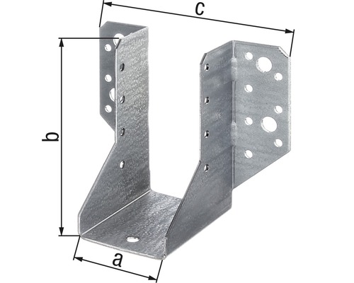 Kovová patka trámu s rozměry a, b a c.