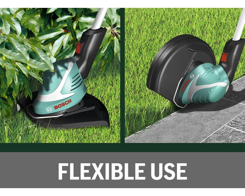 Dvě zobrazení flexibility vyžínače při zastřihávání trávníků a okrajů. Logo Bosch.