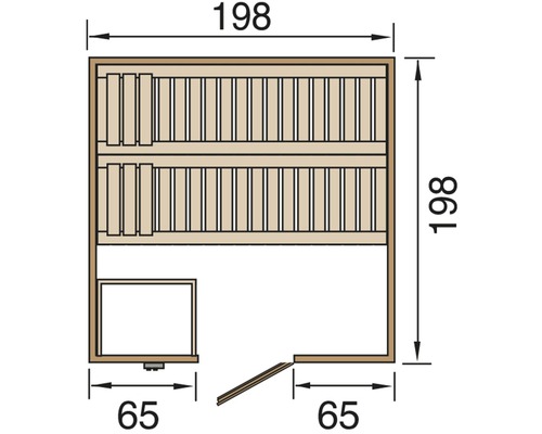 Půdorys sauny s rozměry délky 198 centimetrů a šířky 198 centimetrů, hloubkou podesty 65 centimetrů a vchodu 65 centimetrů