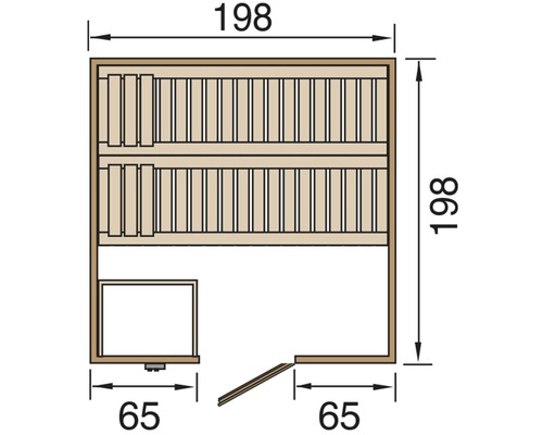 Technický nákres sauny o rozměrech 198 x 198 x 65 cm