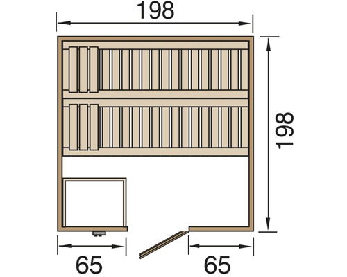 Půdorys sauny o rozměrech 198 x 198 x 65 cm