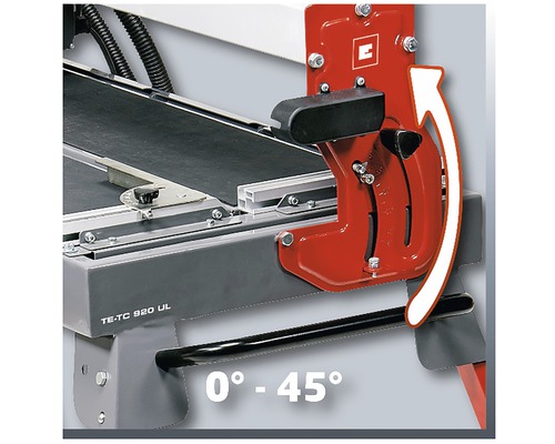 Detailní pohled na řezačku obkladů s nastavením úhlu od 0 stupňů do 45 stupňů