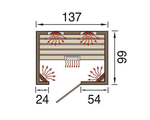 Nákres sauny shora s rozměry v centimetrech