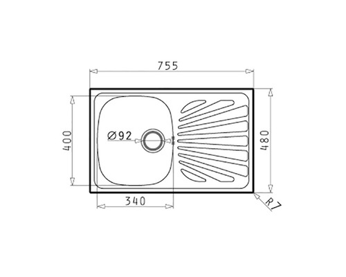 Nákres kuchyňského dřezu s rozměry