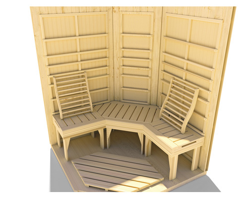 Dřevěná sauna interiér s lavicemi a policemi