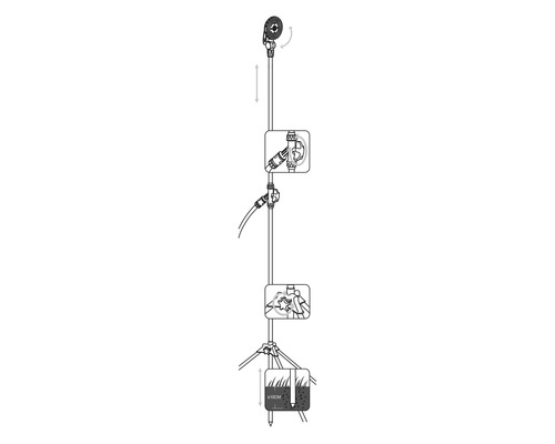 Ilustrace zavlažovače trávníku se stativem a pokyny pro instalaci a nastavení.