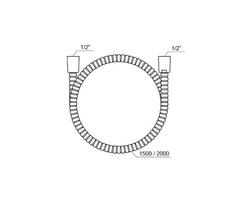 Sprchová hadice s 1/2 palcovými přípojkami a délkou 1500 až 2000 milimetrů.