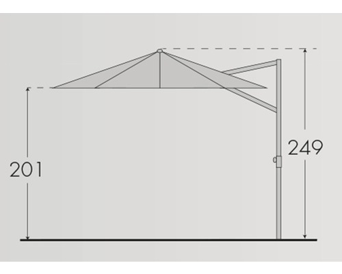 Nákres slunečníku s boční tyčí a rozměry