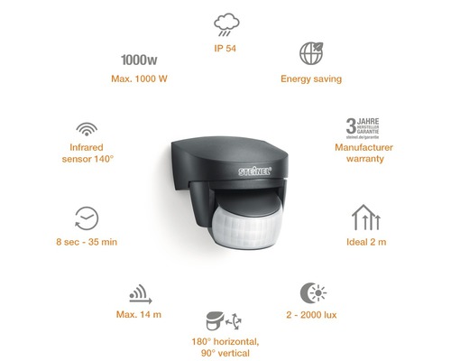 Pohybový senzor Steinel s infračerveným senzorem, úhel záběru 140 stupňů, stupeň krytí IP 54