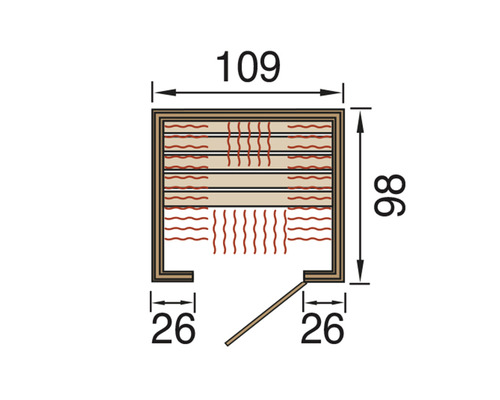 Rozměry pohledu na saunu shora: 109 x 86 x 26 cm