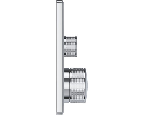 Boční pohled na termostat se dvěma otočnými knoflíky