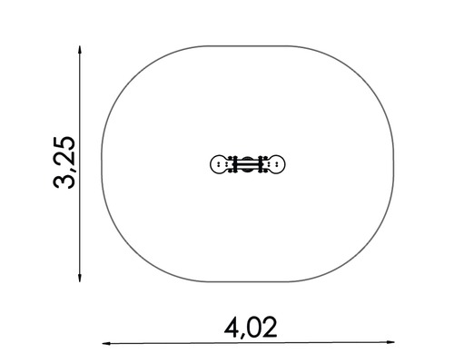 Nákres oválného bazénu o rozměrech 4,02 metru krát 3,25 metru.