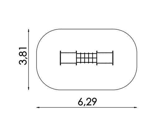 Rozměrový plán hřiště o délce 6,29 metru a šířce 3,81 metru