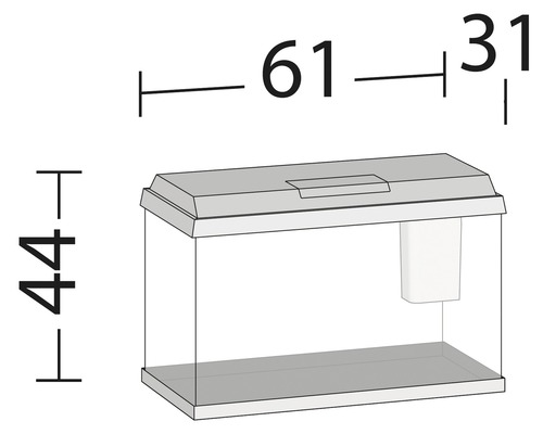 Akvárium s rozměry: výška 44 cm, délka 61 cm, šířka 31 cm