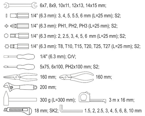 Obrázek nástrojů s uvedením rozměrů