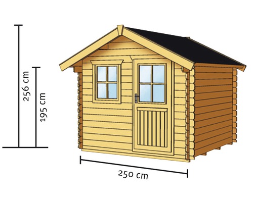 Obrázek zahradního domku o rozměrech 250 cm šířka, 195 cm výška stěny a 256 cm celková výška.
