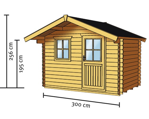 Ilustrace dřevěného zahradního domku o šířce 300 cm, výšce stěny 195 cm a celkové výšce 256 cm.