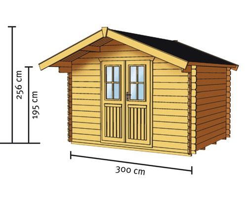 Ilustrace zahradního domku o šířce 300 cm a výšce 256 cm.