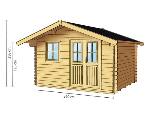 Dřevěný zahradní domek s oknem a dvoukřídlými dveřmi, rozměry 340 x 258 x 195 cm