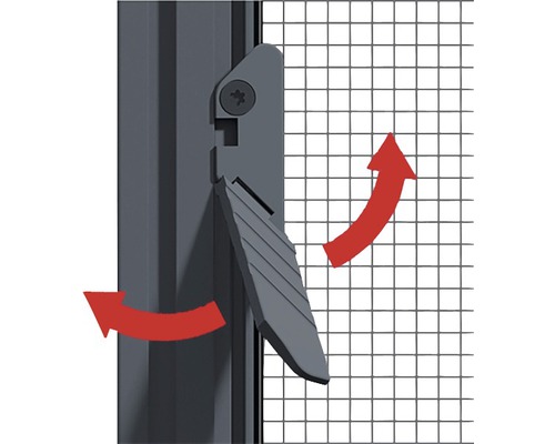 Detailní pohled na síť proti hmyzu s otočným mechanismem a šipkami znázorňujícími rotační pohyb.