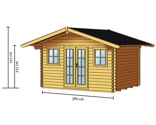 Ilustrace dřevěného zahradního domku s dvoukřídlými dveřmi a okny, rozměry 380 x 277 x 227 cm.