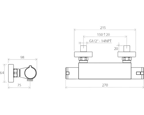 Technický výkres připojovacího bloku radiátoru s rozměry